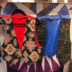 Two tapestry fabric vests